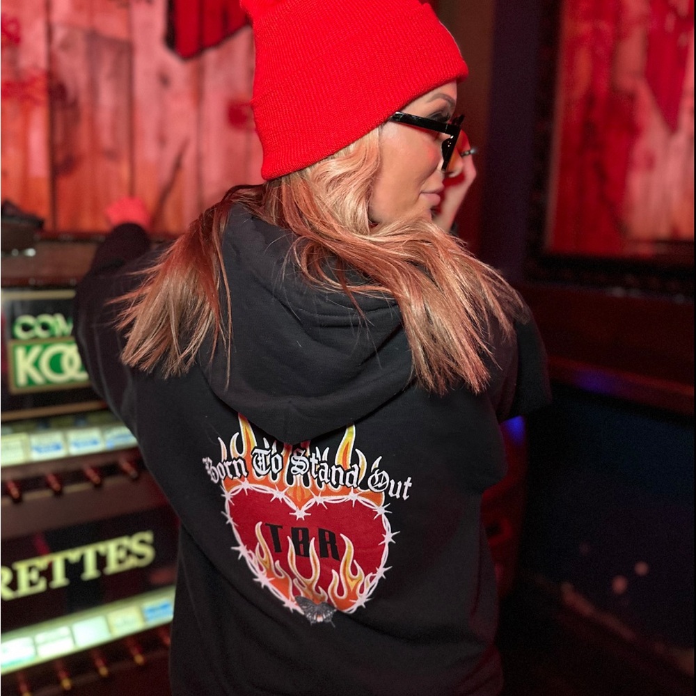Black Graphic Hoodie with Red Beanie